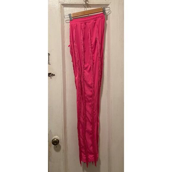 Women's Boho Drawstring Waist Long Fringe Tassel Pants Pink Size S - Picture 9 of 13